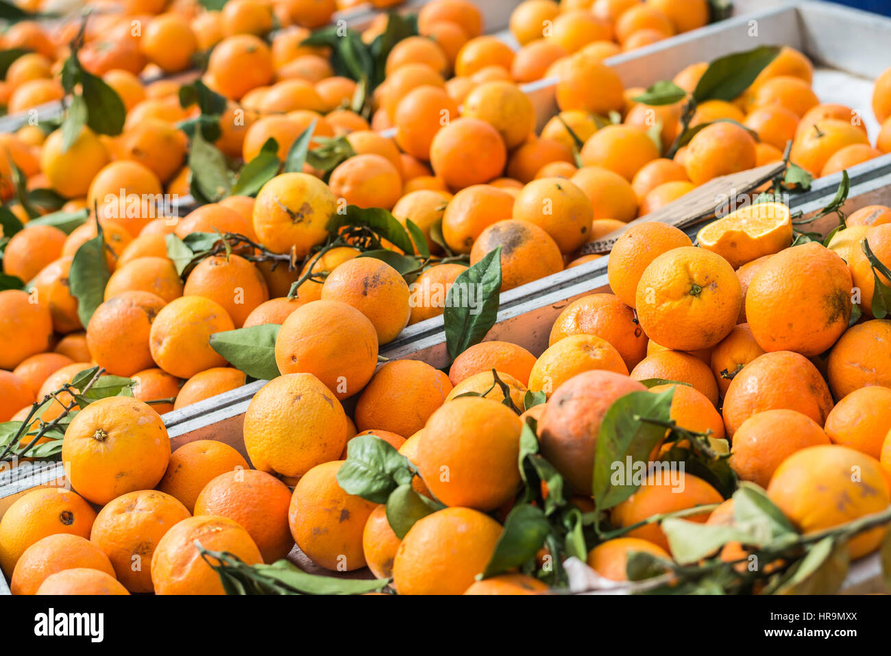 Sweet spanish oranges on local market Stock Photo
