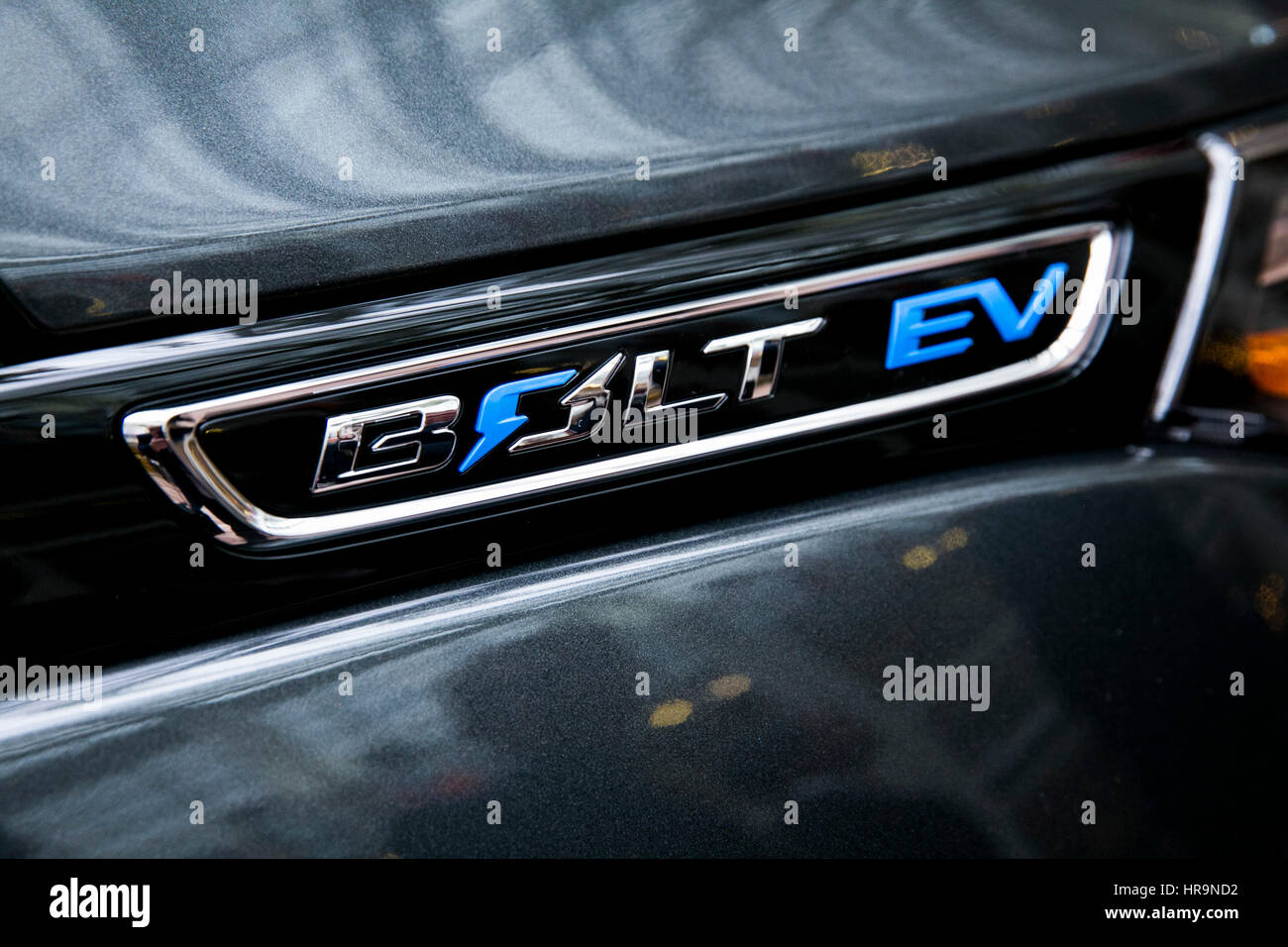 A logo badge on a 2017 Chevrolet 'Chevy' Bolt EV electric car. Stock Photo