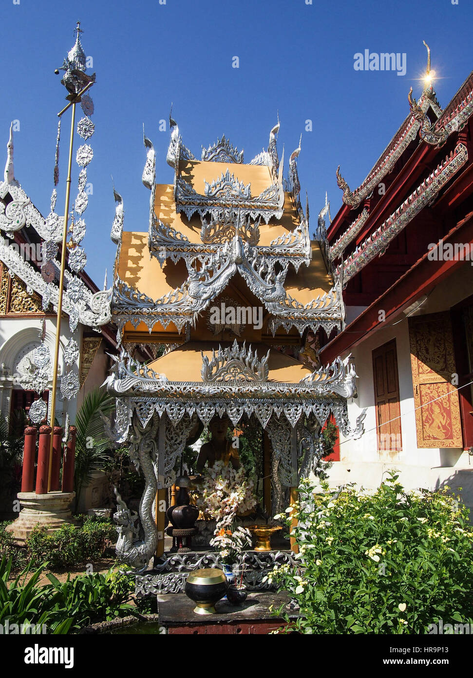 A highly decorated temple in Chiang Mai Thailand Stock Photo