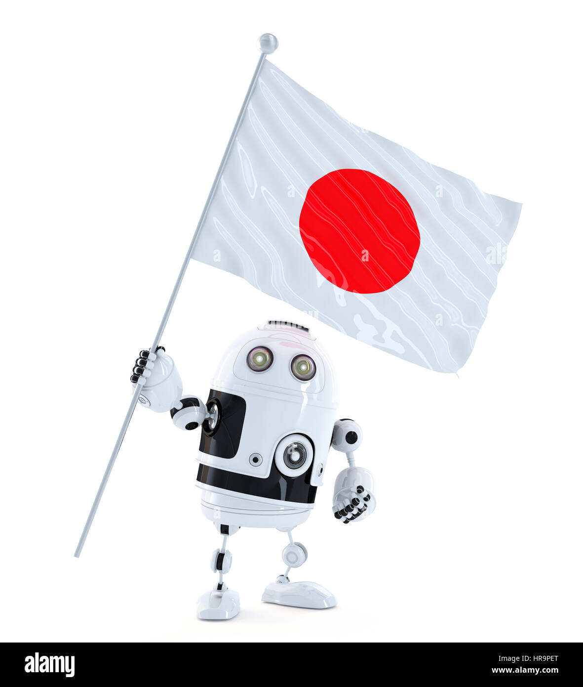 Android Robot standing with flag of Japan. Isolated over white Stock Photo