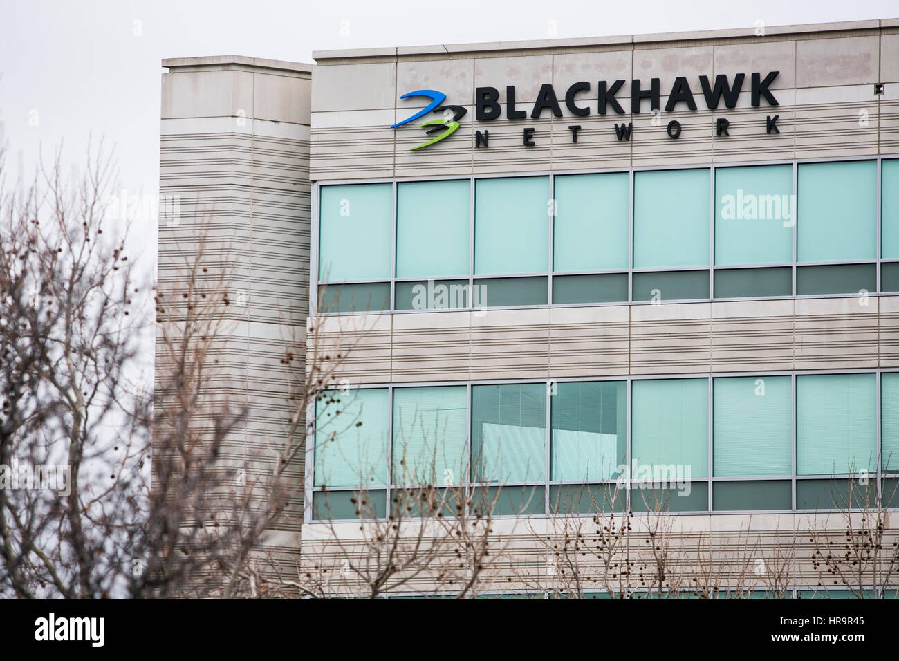 A logo sign outside of the headquarters of Blackhawk Network Holdings