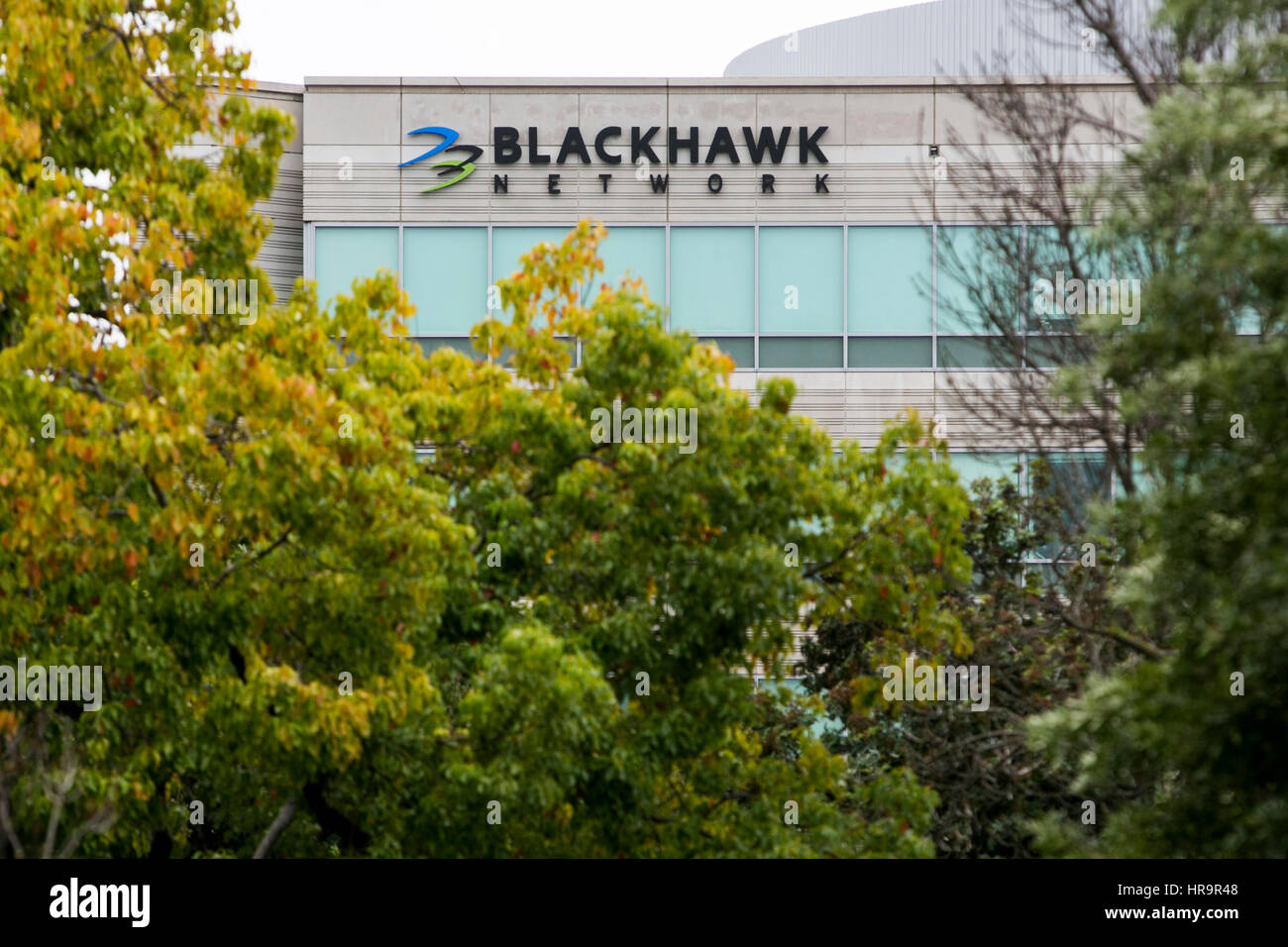 A logo sign outside of the headquarters of Blackhawk Network Holdings