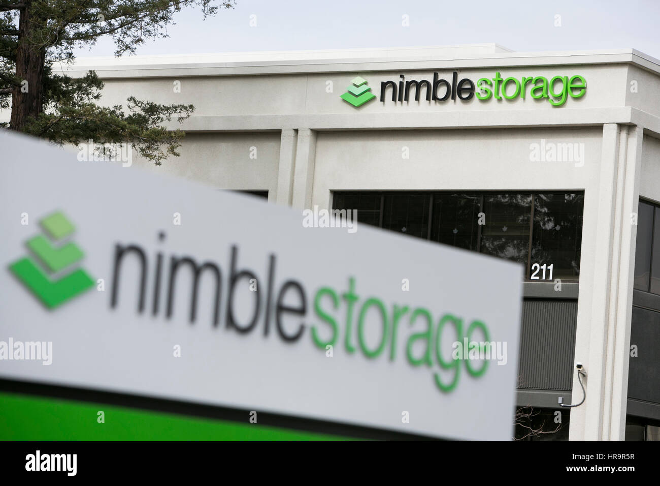 A logo sign outside of the headquarters of Nimble Storage in San Jose