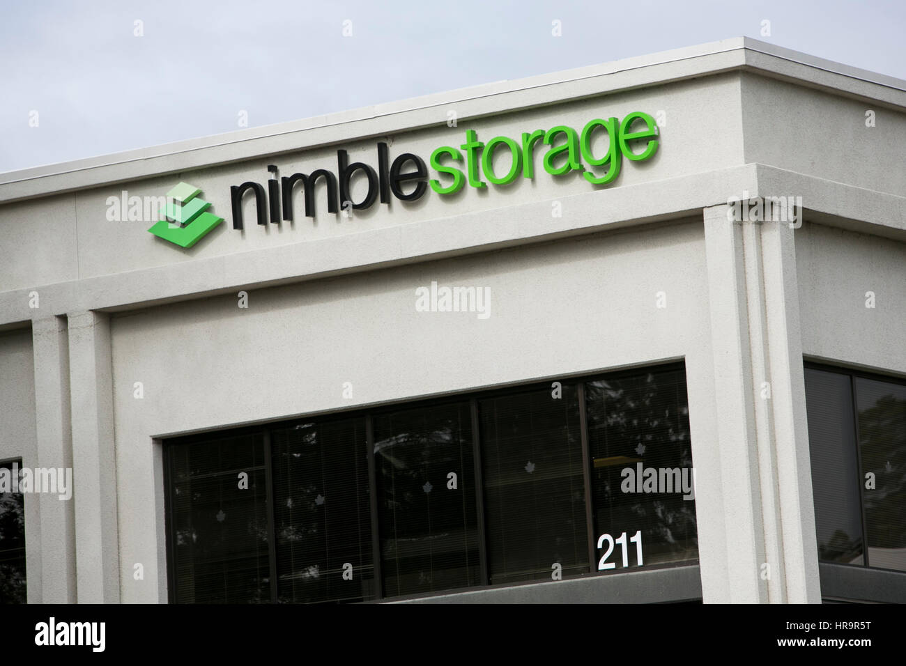 A logo sign outside of the headquarters of Nimble Storage in San Jose