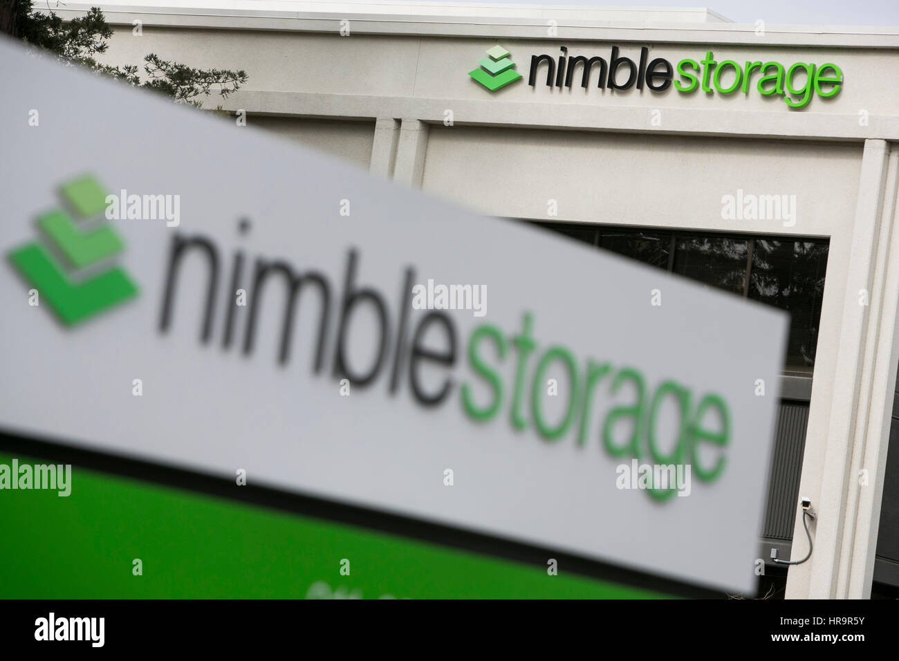 A logo sign outside of the headquarters of Nimble Storage in San Jose