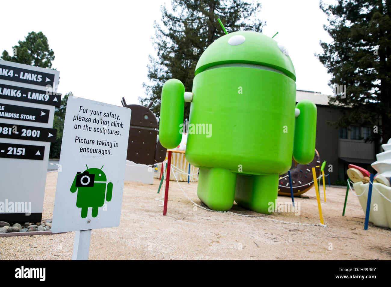 A garden full of Google Android operating system statues in Mountain View, California, on February 18, 2017. Stock Photo