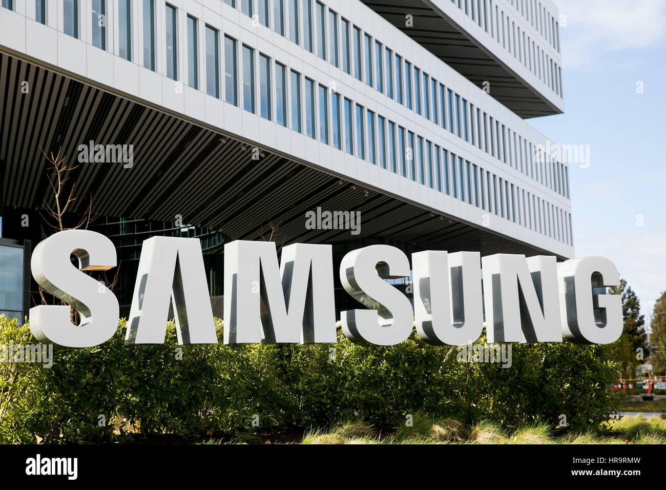 A logo sign outside of a facility occupied by Samsung Electronics America, Inc., in San Jose, California, on February 18, 2017. Stock Photo