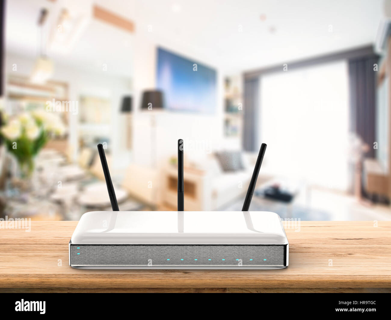 3d rendering wireless router on wooden table Stock Photo - Alamy