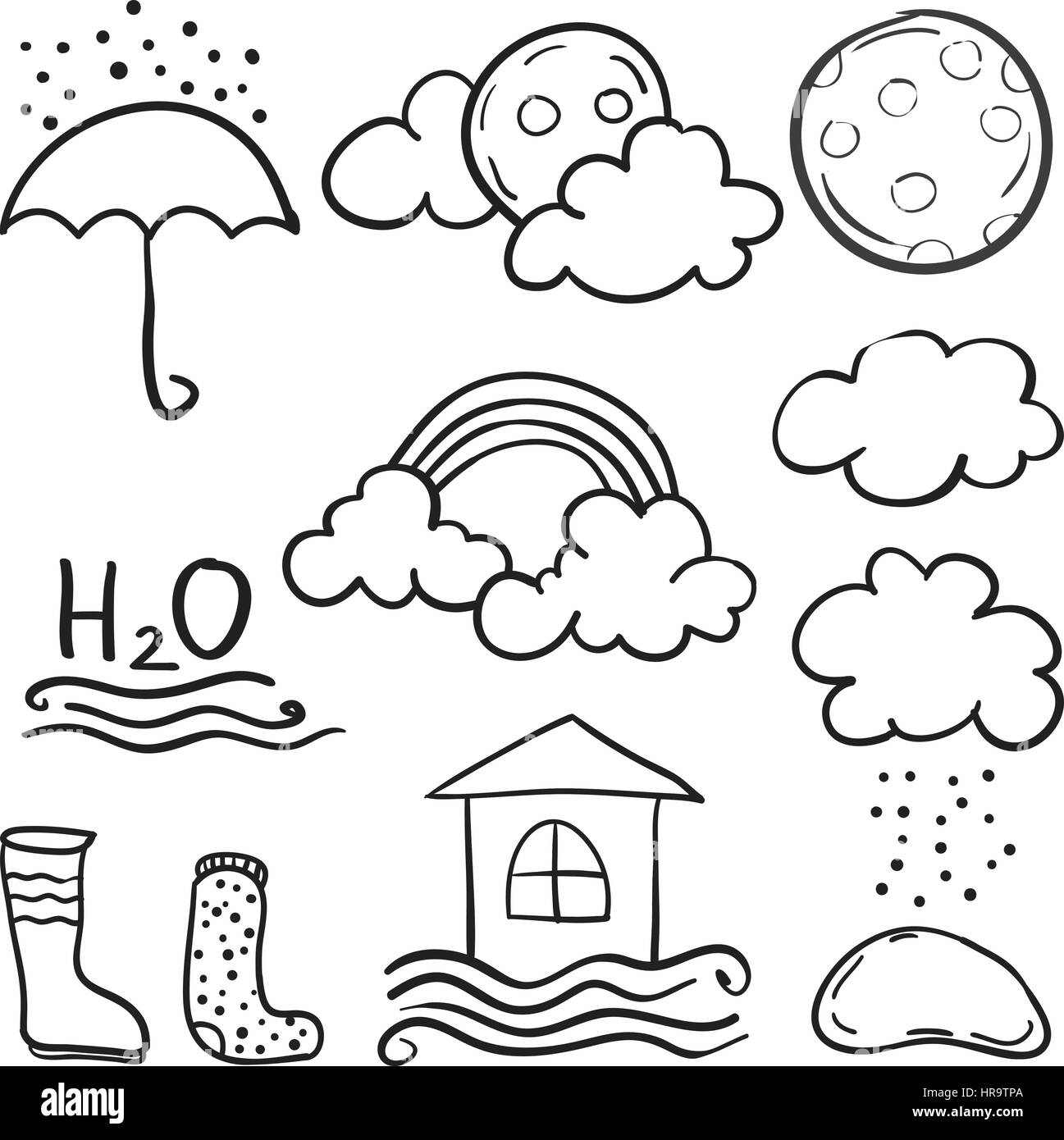 Doodle weather set cloud thunder Black and White Stock Photos & Images ...