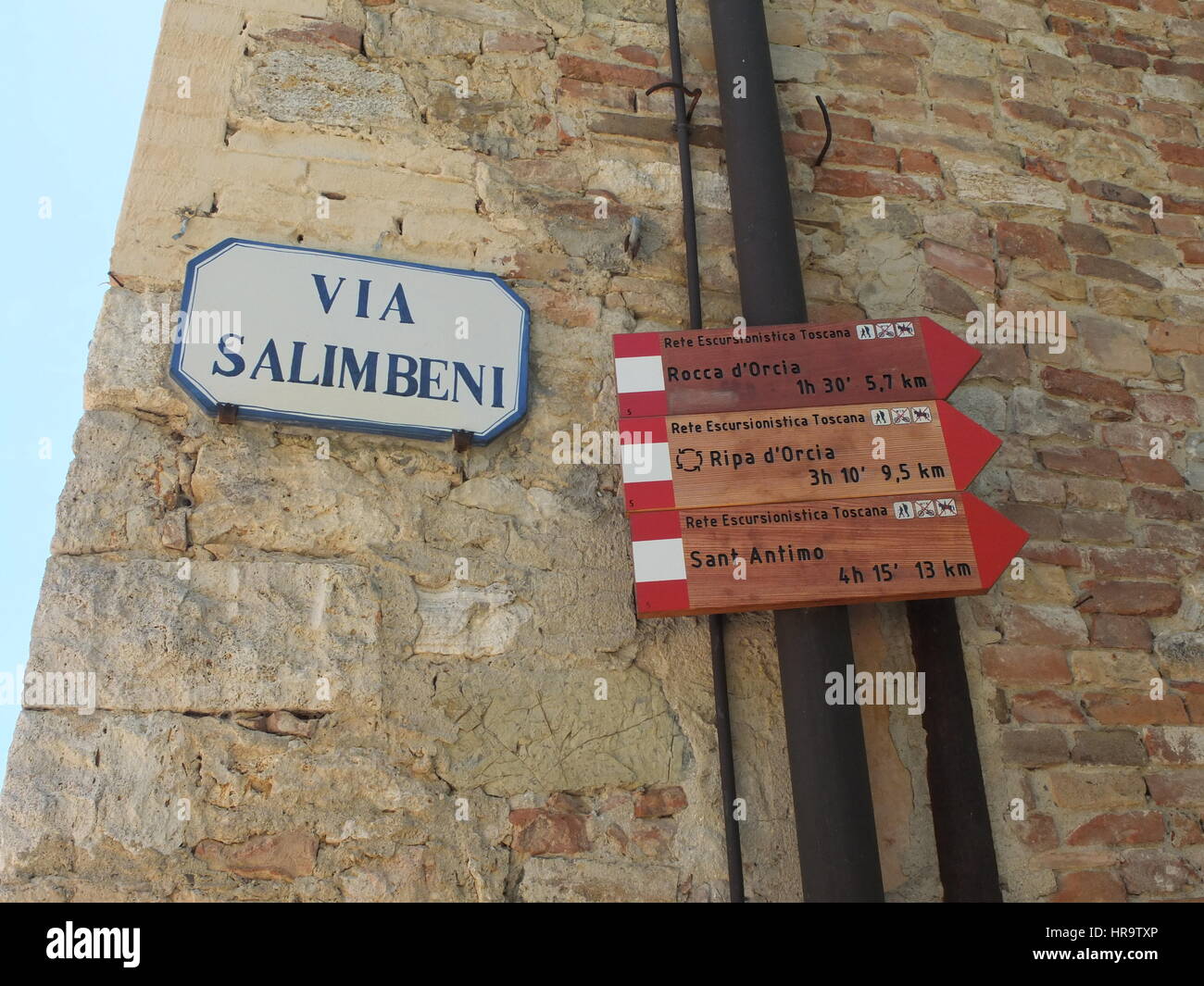 street and path signs at Bagno vignoni, Tuscany, Italy Stock Photo