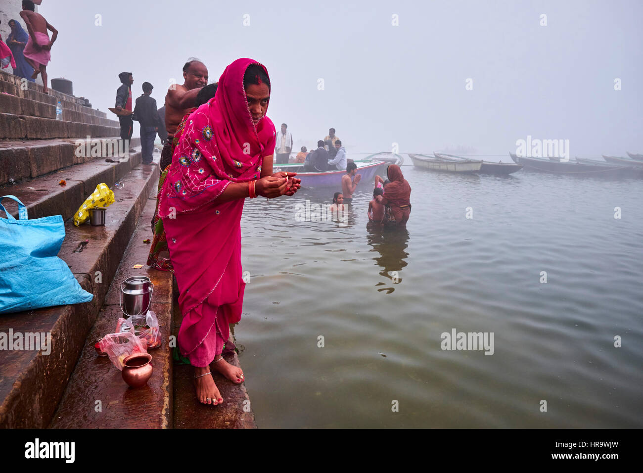 Asia, India, Uttar Pradesh, Varanasi (Benares), Ghats on the River Ganges Stock Photo