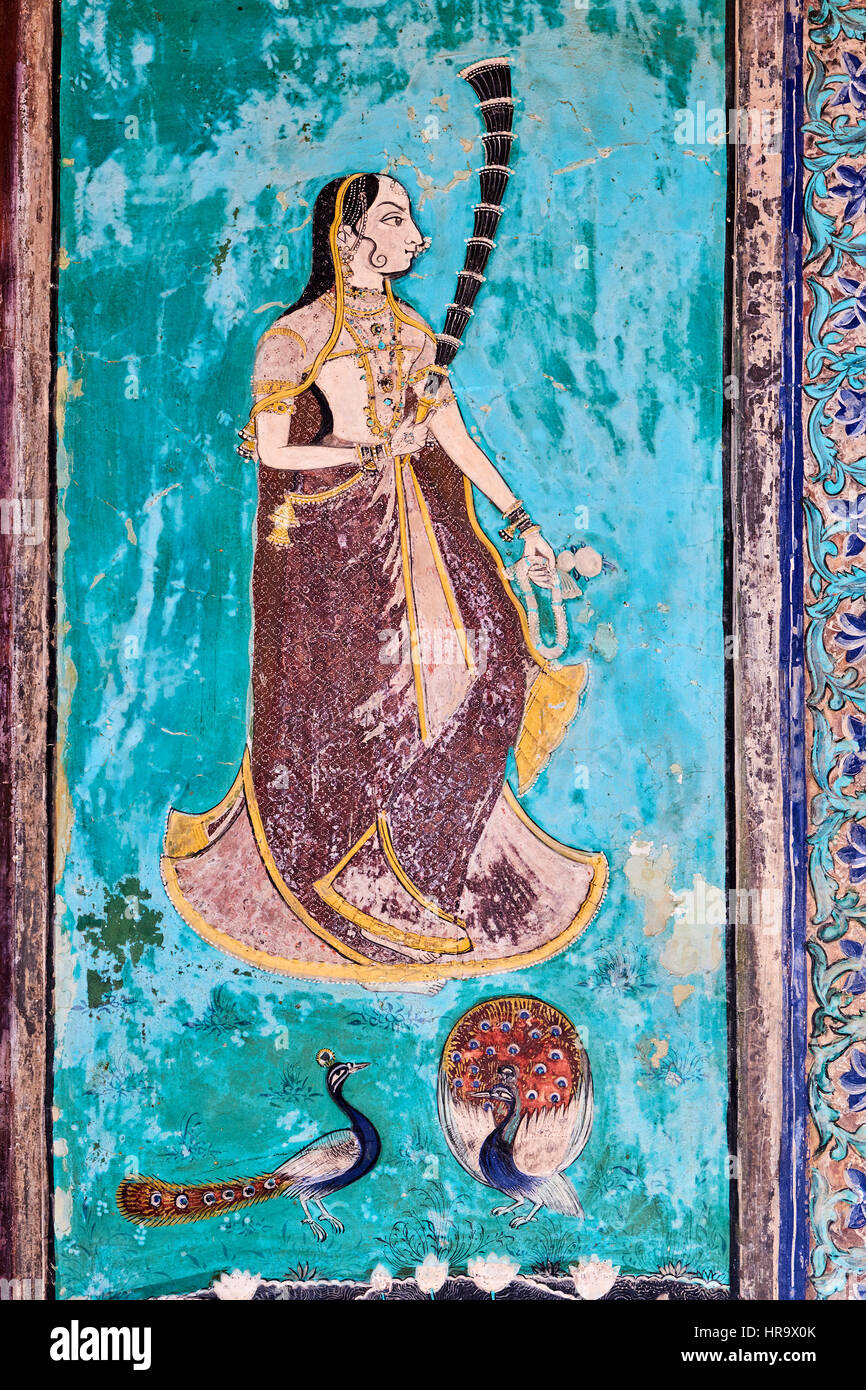 India, Rajasthan, Bundi castle, wall painting, the Chitra Shala, 1819