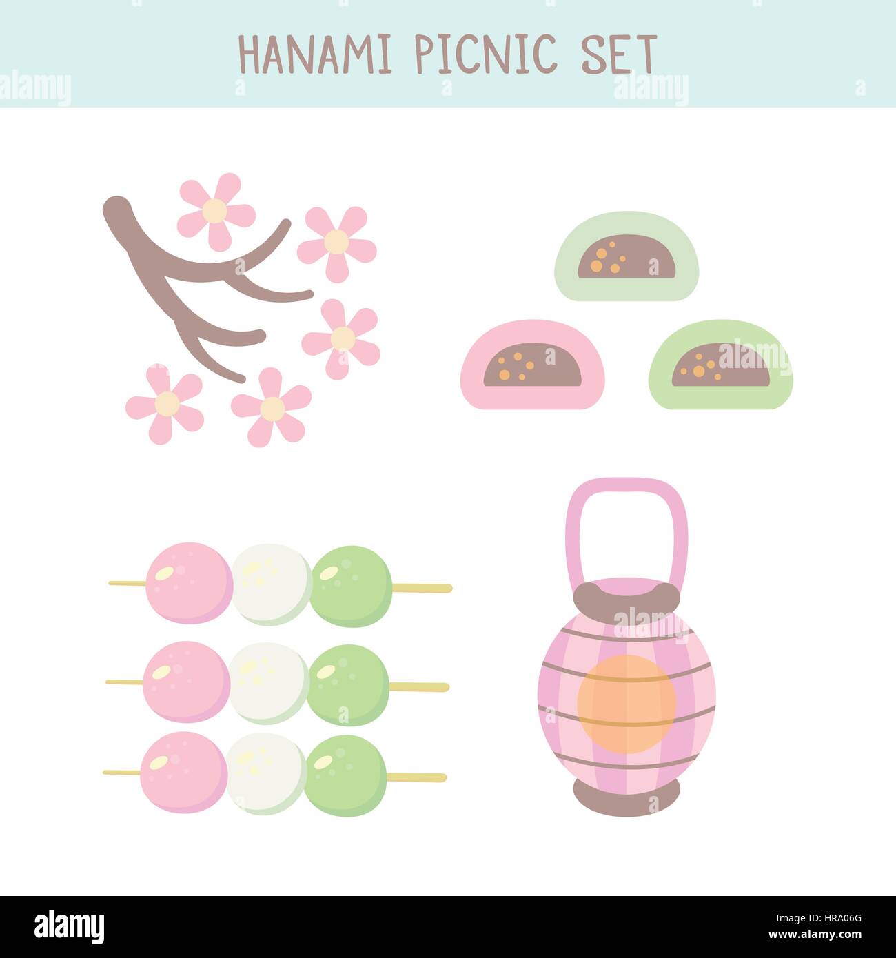 Hanami festival  set with blooming sakura , pink lantern and hanami picnic desserts Stock Vector