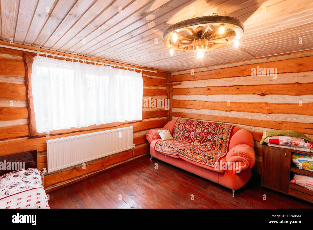 Interior Of Restroom In Belarusian Or Russian Wooden Guest House In Village Or Countryside Of Belarus Or Russia. Ecotourism And Travel. Stock Photo