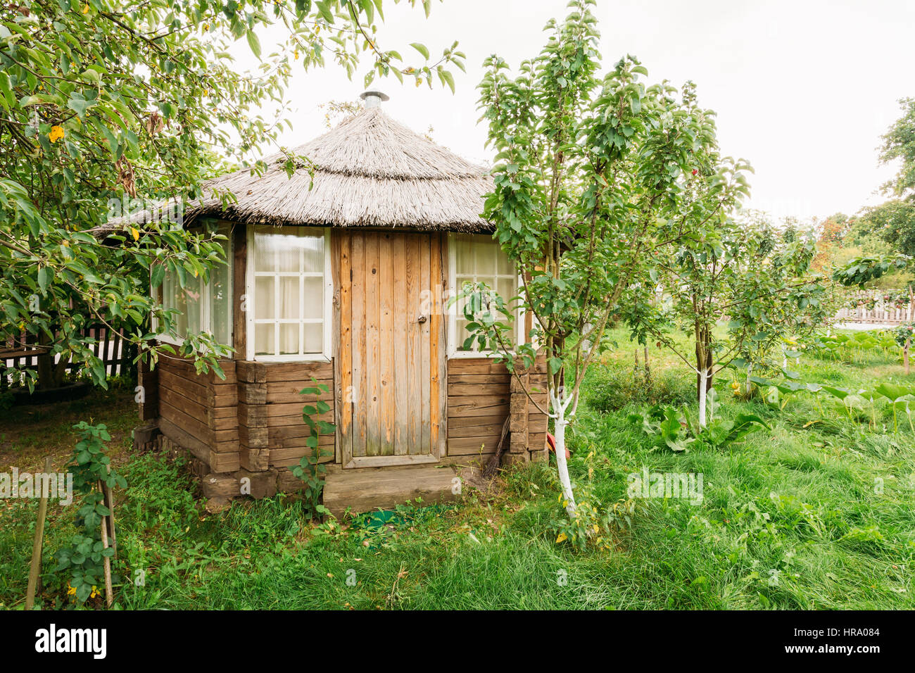 Small Belarusian Or Russian Wooden Guest House In Village Or Countryside Of Belarus Or Russia Countries At Summer Season. Stock Photo