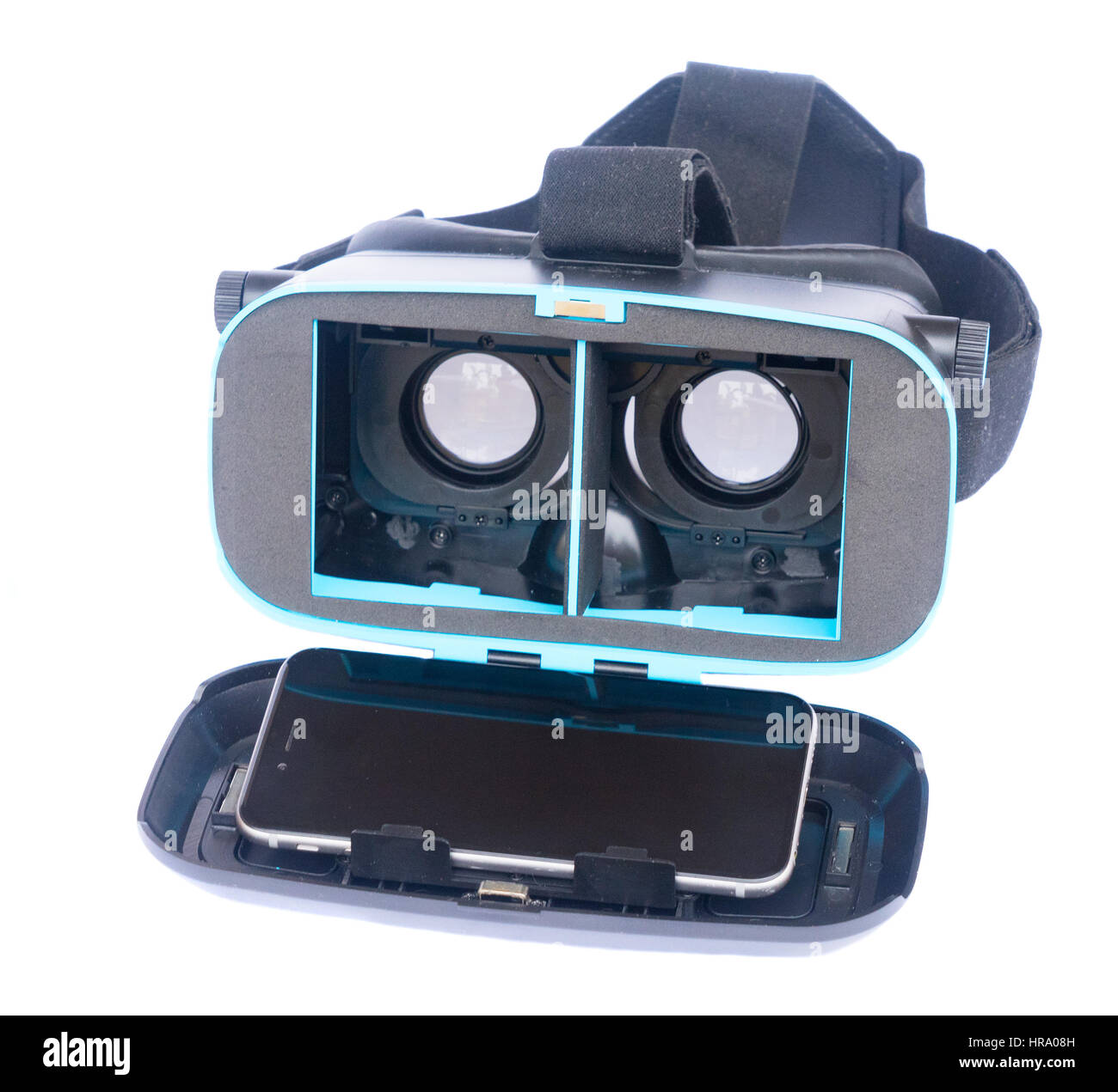 Virtual reality black glasses open one with a phone isolated on white ...