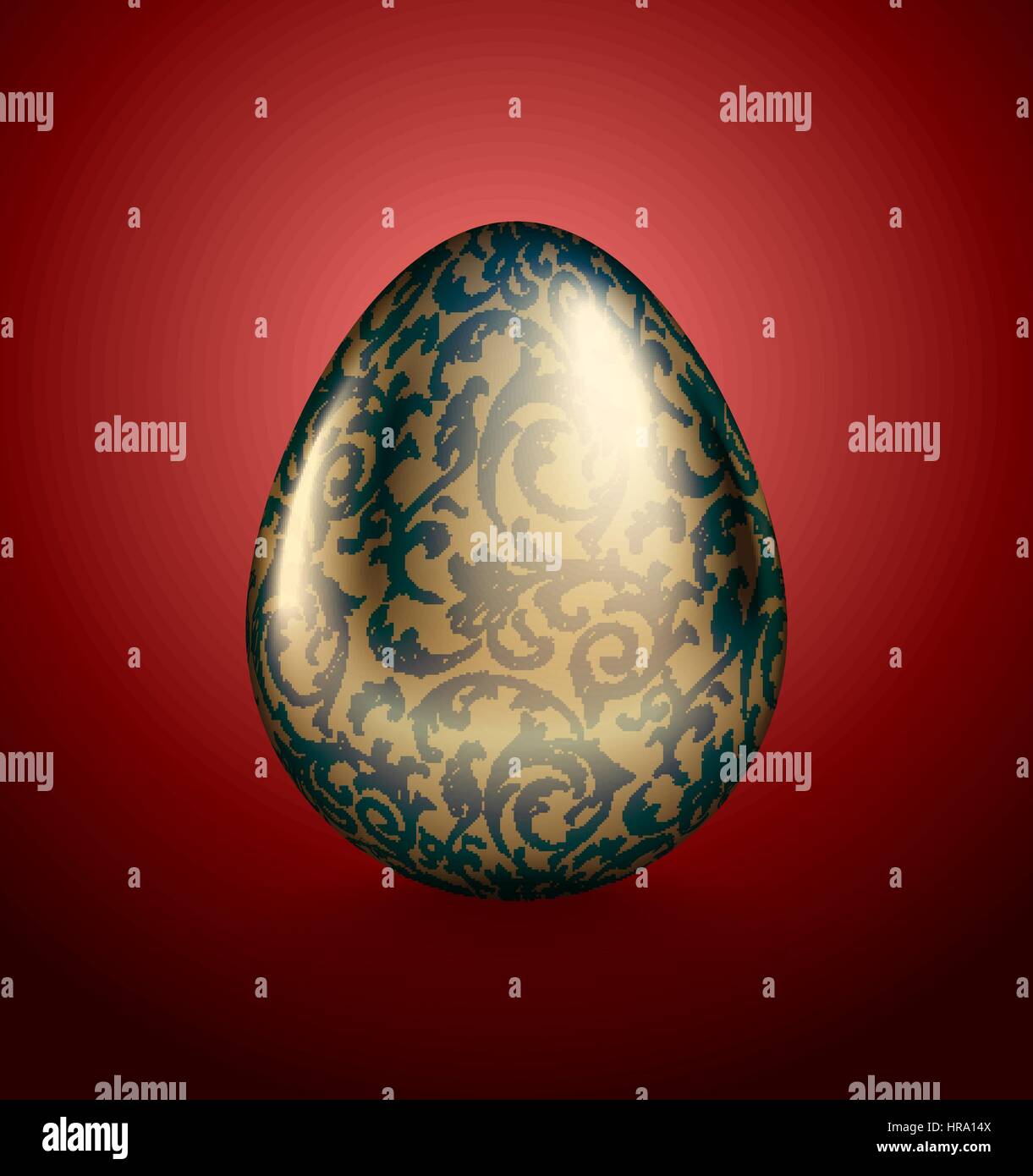 Glossy realistic golden egg with blue ink handdrawn floral pattern. Isolated on red background. Vintage banner, card, poster for Easter Stock Vector