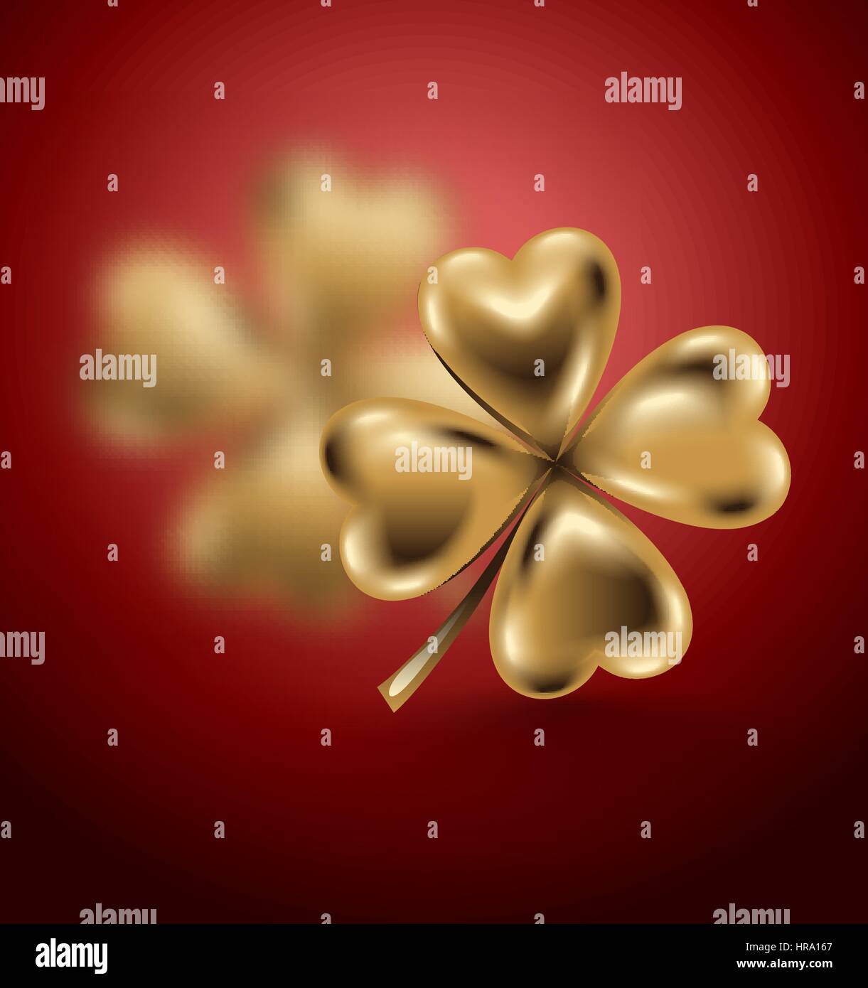Golden clover leaf, vector illustration for St. Patrick day. Blured four-leaf on red background. Jewelry 3d design. Stock Vector