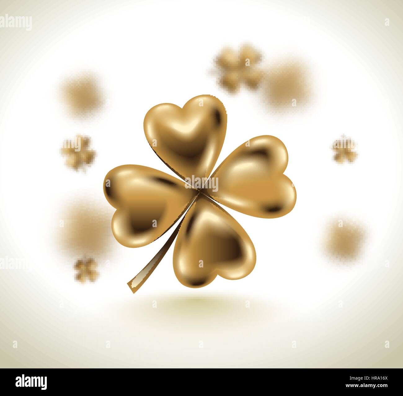 Golden clover leaf, vector illustration for St. Patrick day. Blured four-leaf on light white background. Isolated jewelry 3d design. Stock Vector