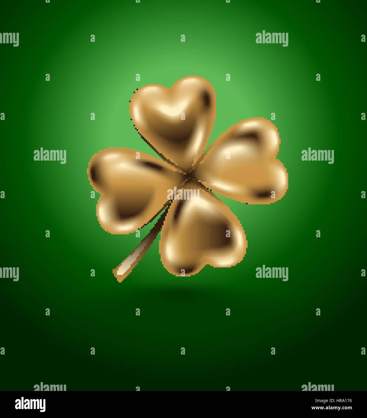 Golden clover leaf, vector illustration for St. Patrick day. Isolated four-leaf on green background. Jewelry 3d design. Stock Vector