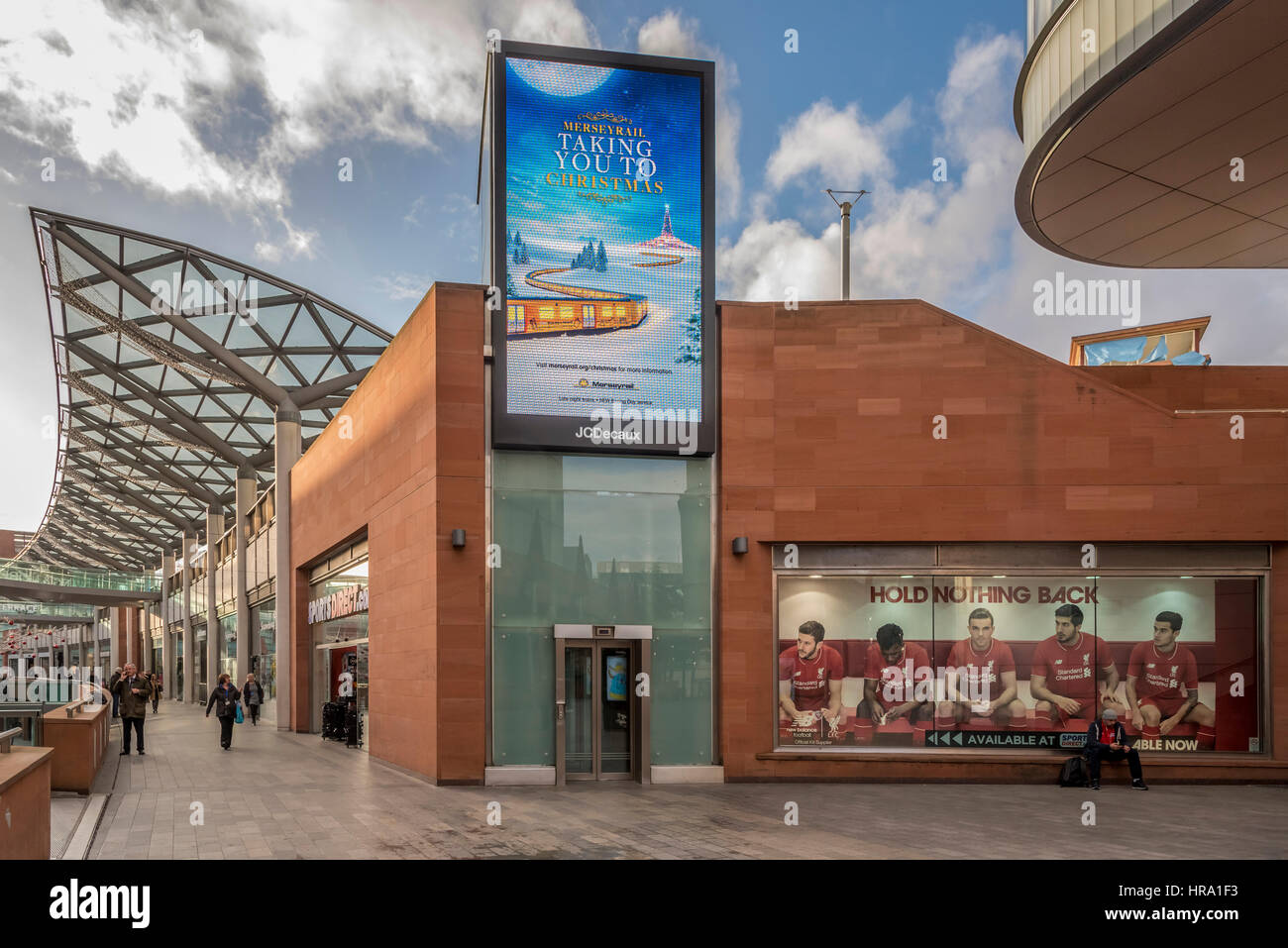 Modern advertising hoardings in Liverpool One shopping mall. Stock Photo
