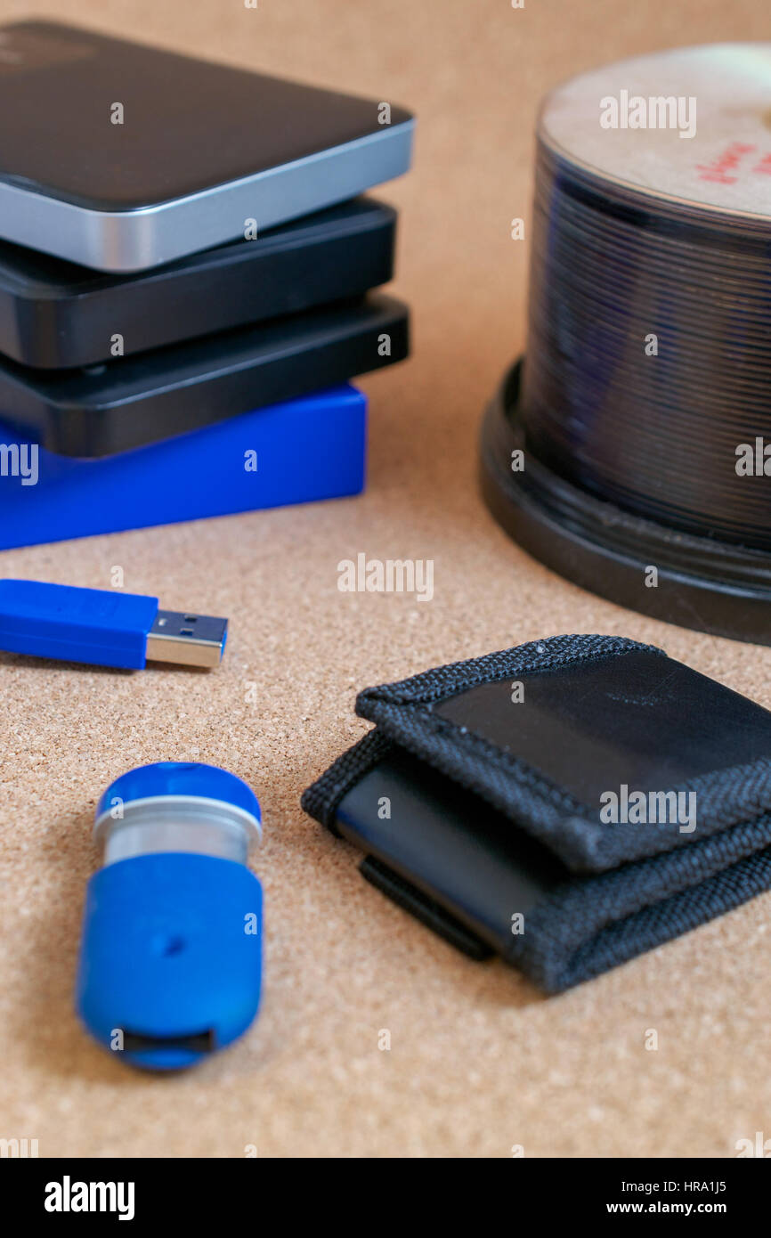 Digital data backup devices external USB hard drives, memory stick, memory card wallet and CDs