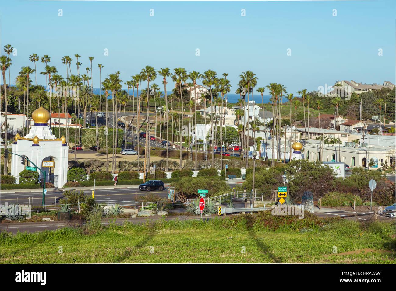 Looking down on the coastal city of Encinitas, California. Stock Photo