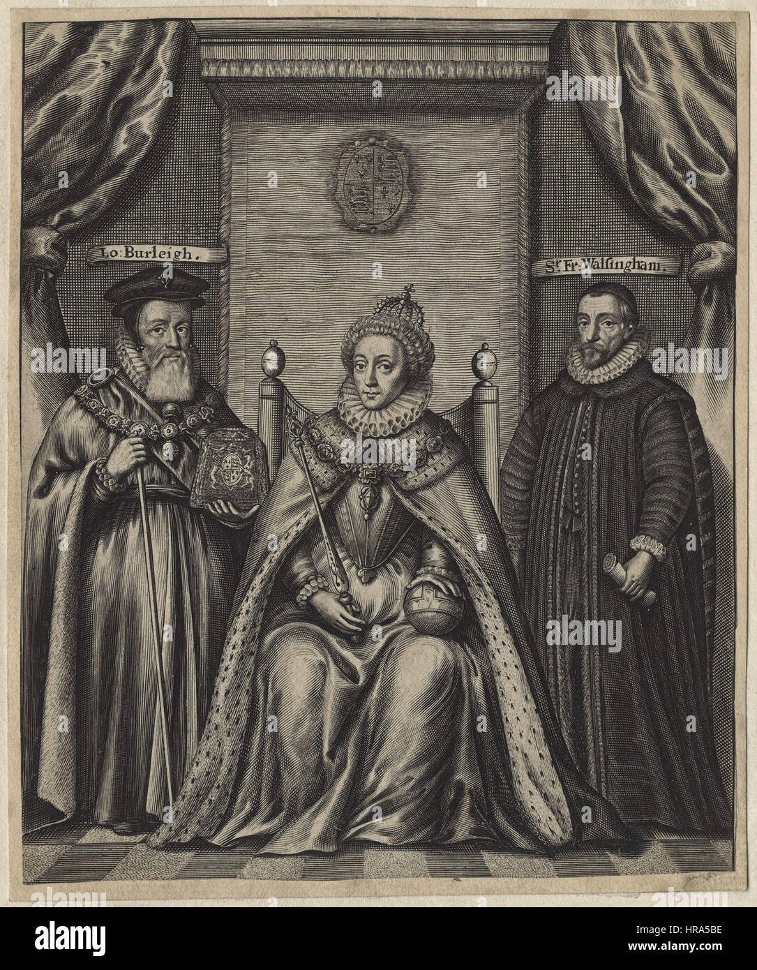 Queen Elizabeth I; Sir Francis Walsingham; William Cecil, 1st Baron Burghley by William Faithorne (2) Stock Photo