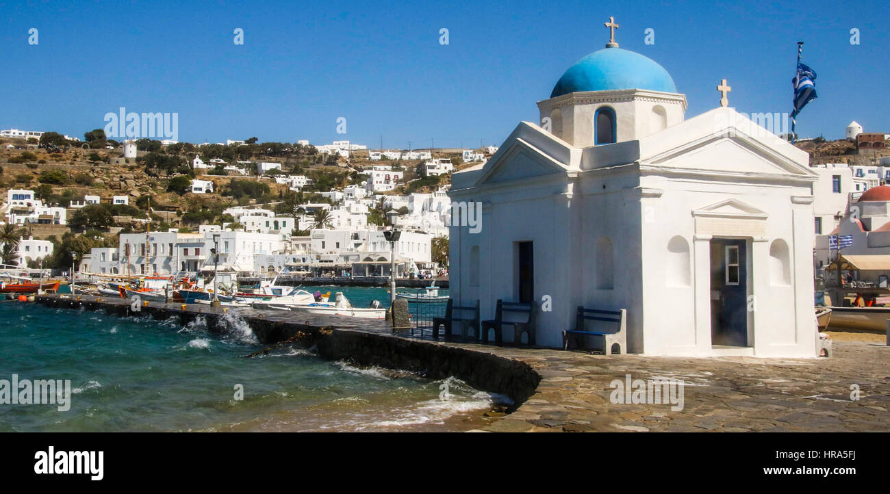 Church on Mykonos Harbor Stock Photo