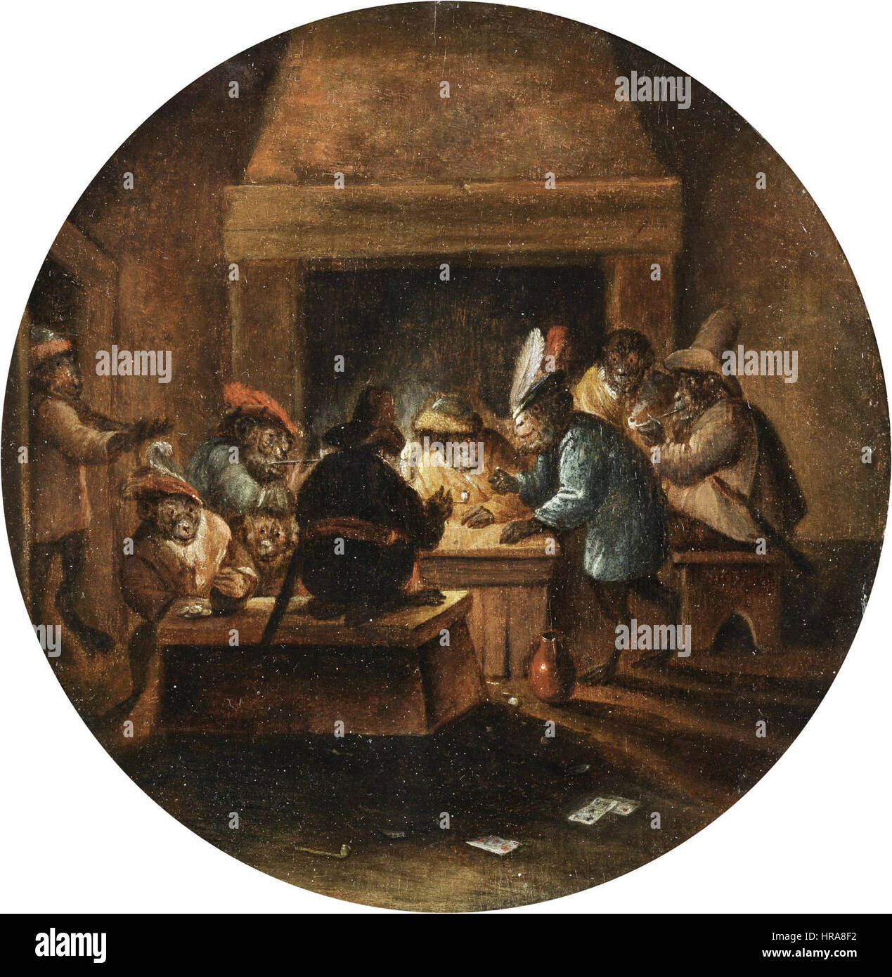 Abraham Teniers - Drinkende, rokende en kaartspelende apen Stock Photo
