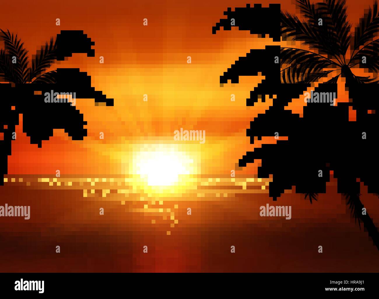 illustration of sunset view in beach with palm tree. Tropical landscape ...