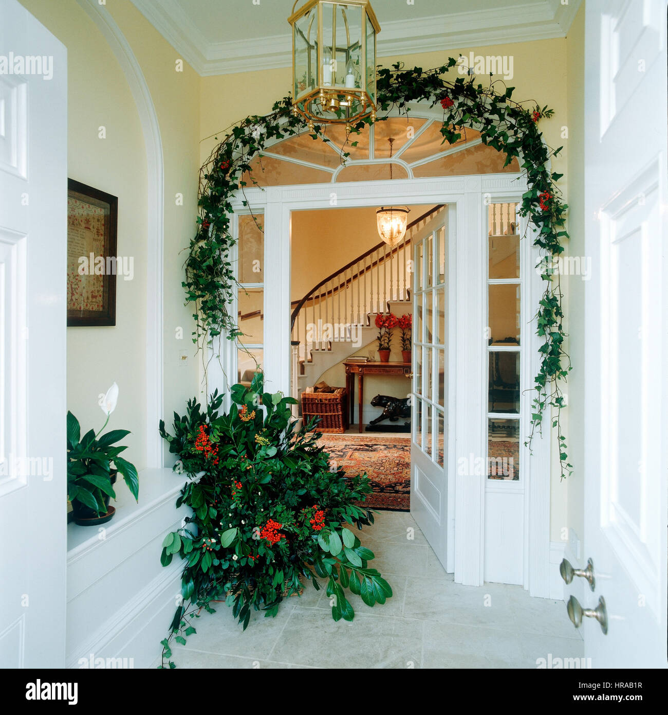 Outer entrance dressed with a combination of laurel, ivy and rowan ...