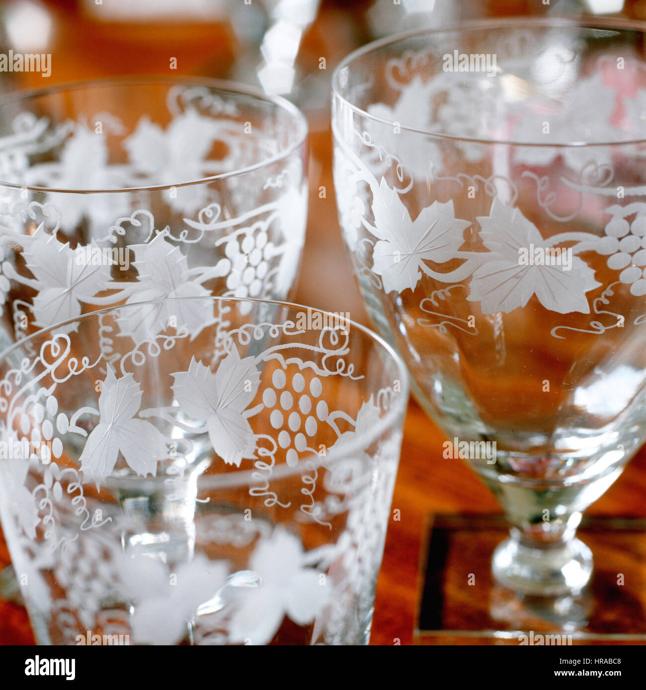 Wine glasses with a vine pattern. Stock Photo