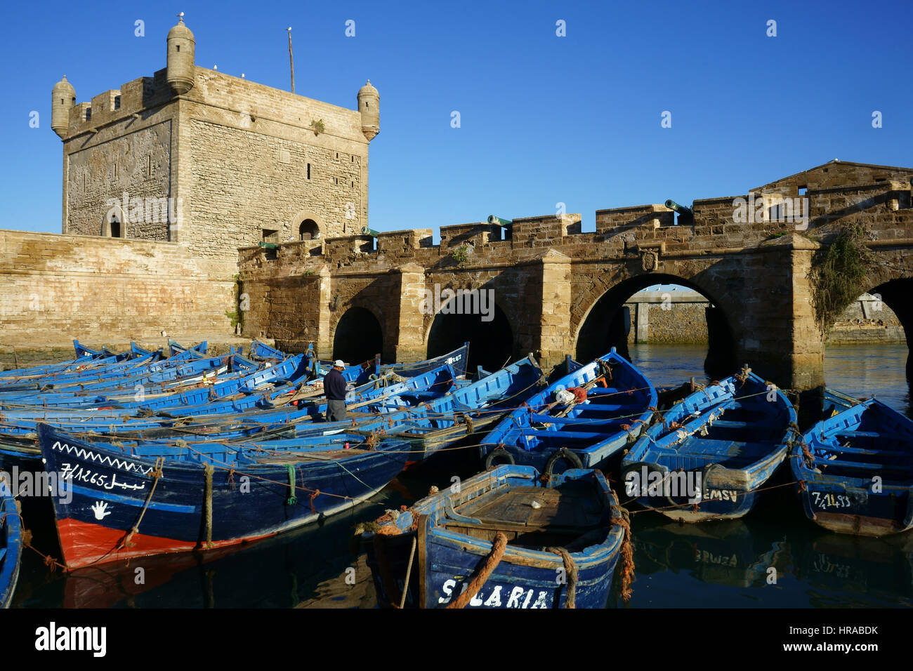 Porta Marina and blue fishing boats, Essaouira, Marocco Stock Photo