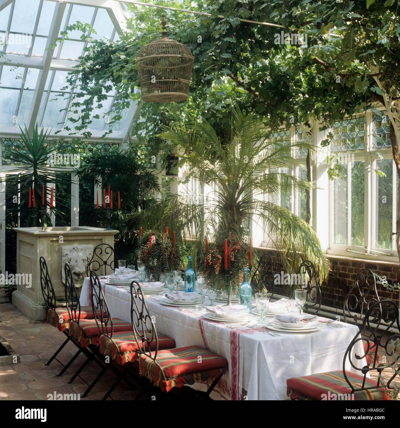 Dining table in a glasshouse. Stock Photo