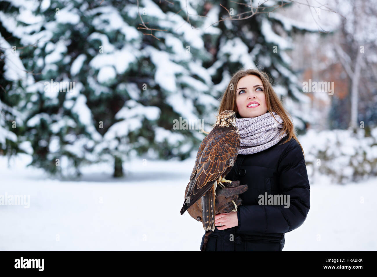 woman with falcon Stock Photo