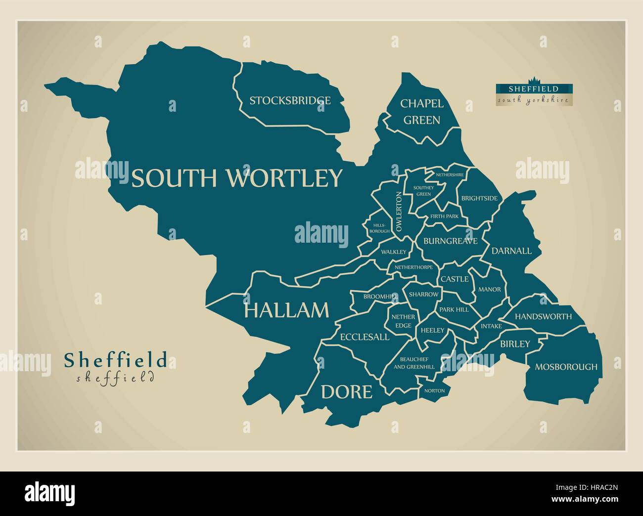 Modern City Map - Sheffield with labelled wards illustration Stock Vector