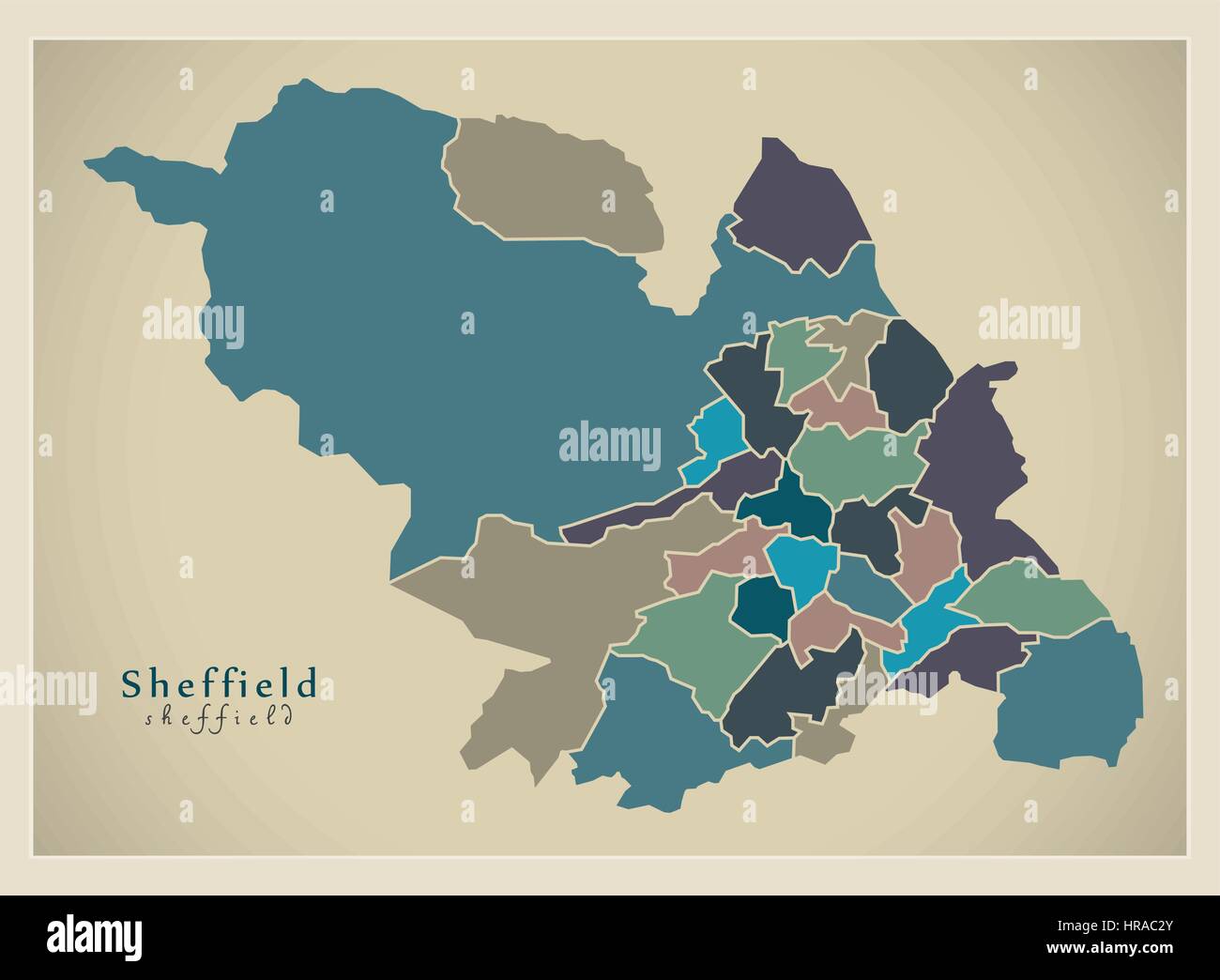 Modern City Map - Sheffield with coloured wards illustration Stock Vector