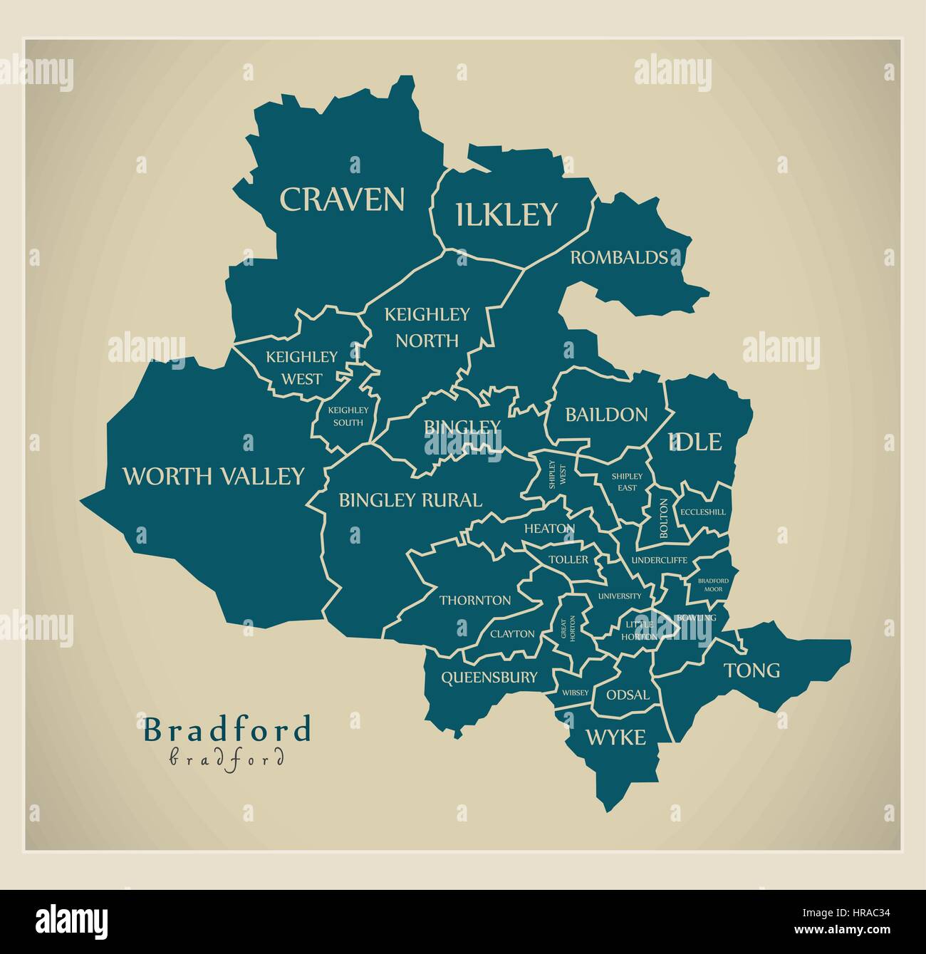 Modern City Map - Bradford with labelled boroughs illustration Stock ...