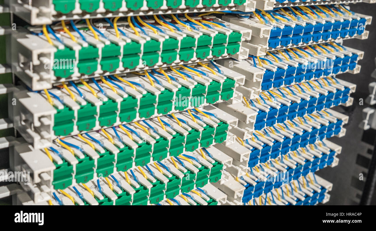 Wiring for broadband cabinet, the interior of the street cabinet with wires connecting the telephone cables to the exchange. Stock Photo