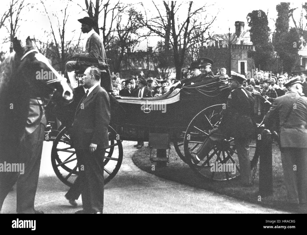 Churchill  with Robert Schuman, the French Minister of Finance, in Metz, France during the Bastille Day celebrations on the 14th July 1946 Stock Photo