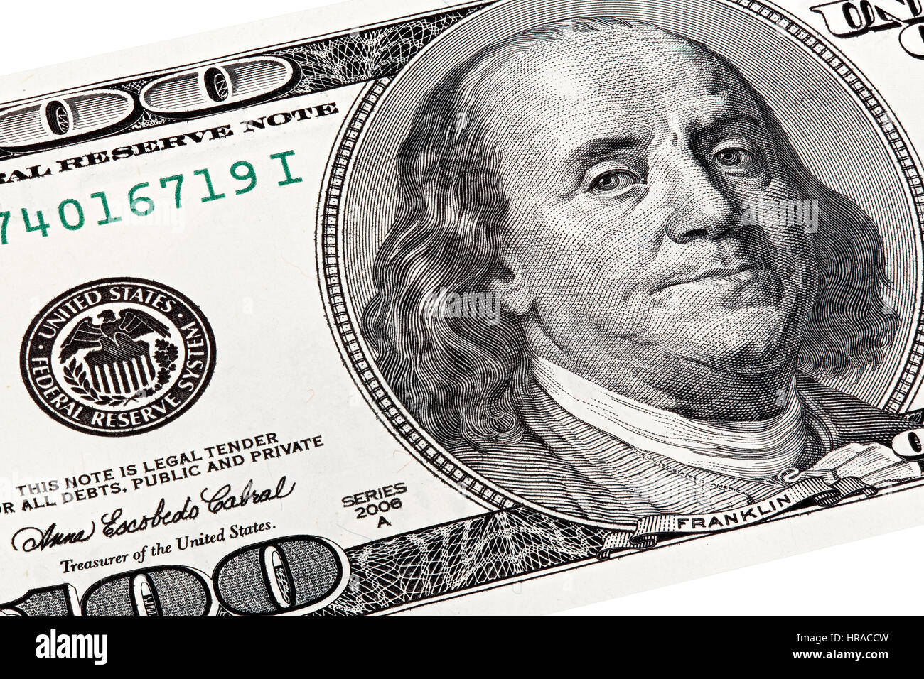 Stack shot of Benjamin Franklin portrait from a $100 bill. Stock Photo