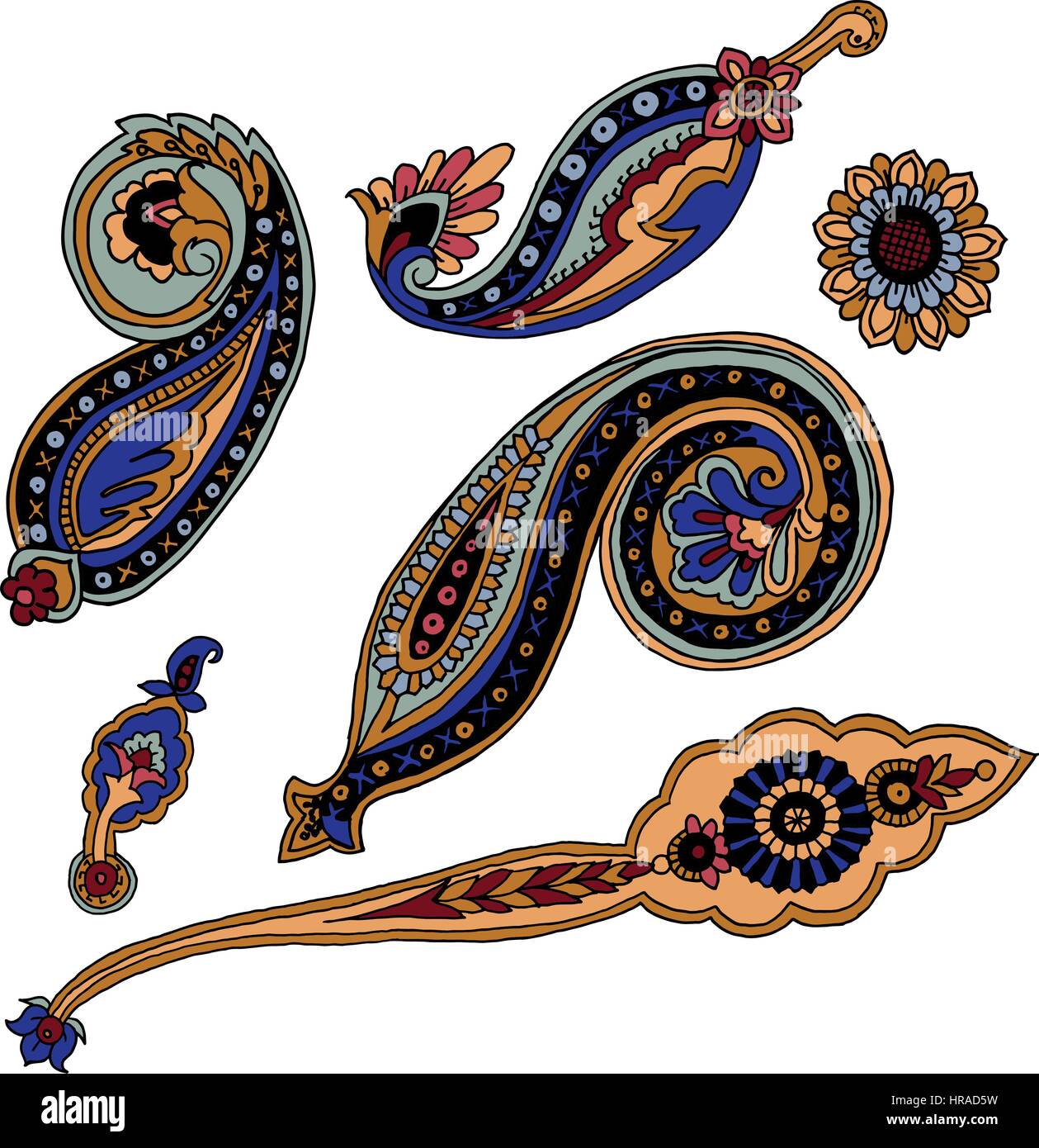 Vector set of colorful  paisley elements.  traditional motives of Russia, India, Persia on white background. For your design. Stock Vector