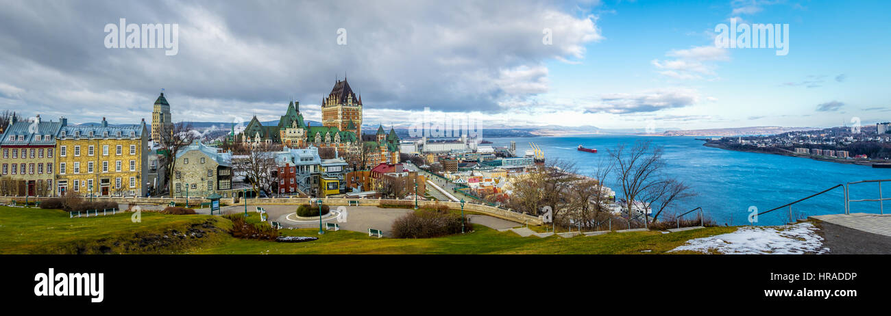 Panoramic view of Quebec City skyline with Chateau Frontenac and Saint Lawrence river - Quebec City, Quebec, Canada Stock Photo