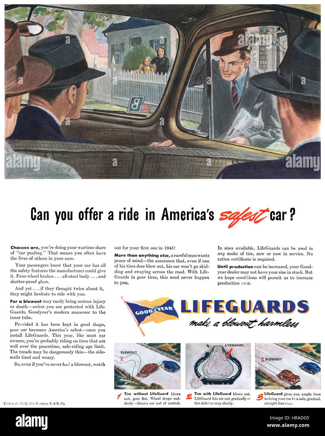 1945 U.S. advertisement for Goodyear LifeGuard tires. Stock Photo