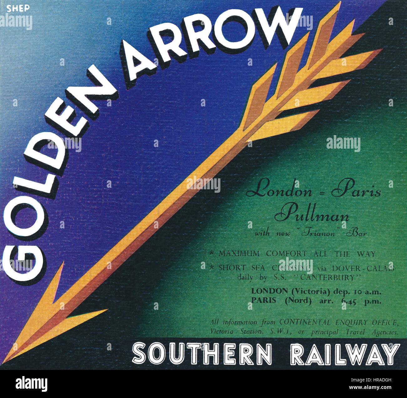 1946 British advertisement for the Southern Railways Golden Arrow train service from London to Paris. Stock Photo