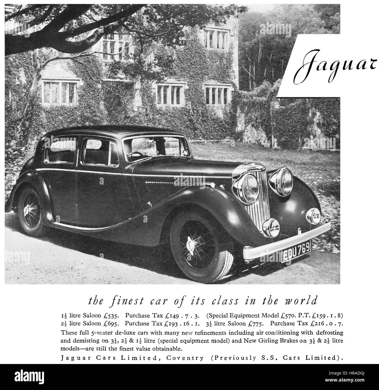 1946 British advertisement for Jaguar motor cars. Stock Photo