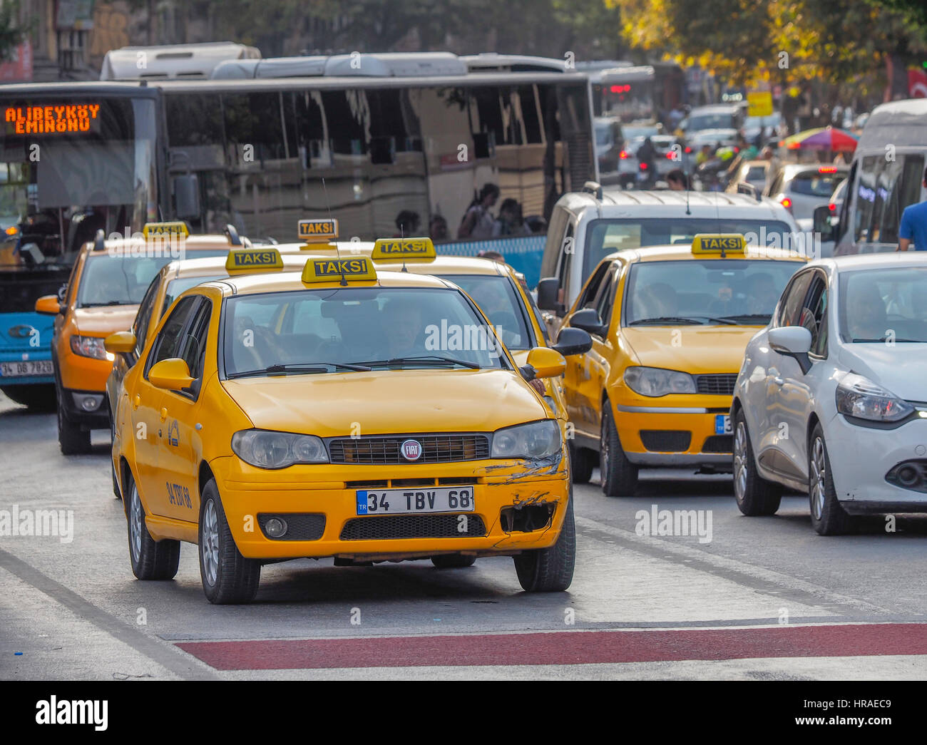 Taxis in traffic, Istanbul (western side) Turkey Stock Photo