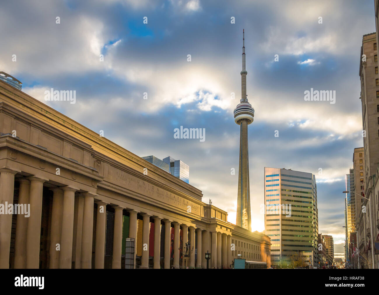 Golden sunset over Union Station and CN Tower - Toronto, Ontario, Canada Stock Photo