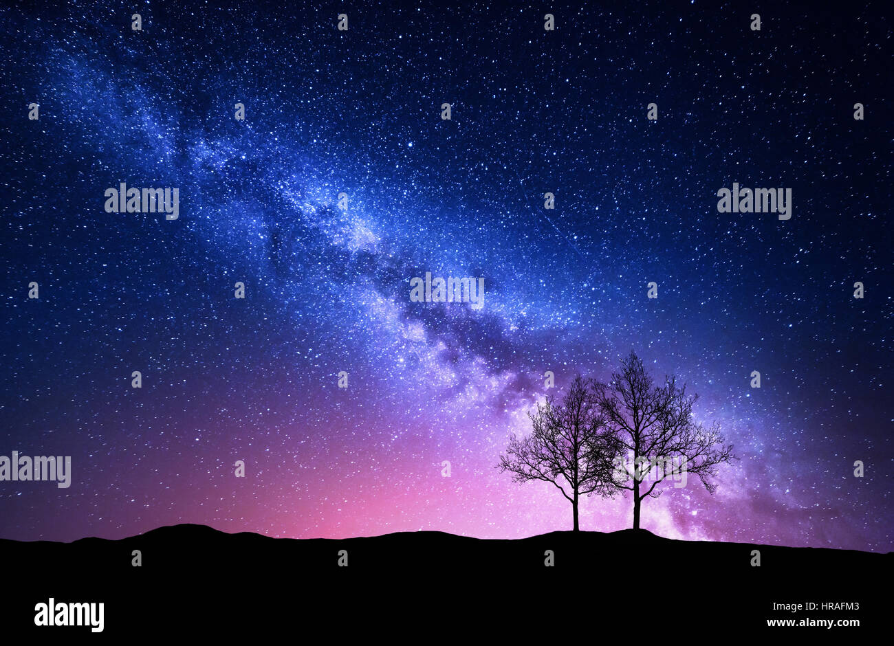 Starry sky with pink Milky Way. Night landscape with alone trees on the hill against colorful milky way. Amazing galaxy. Nature background Stock Photo